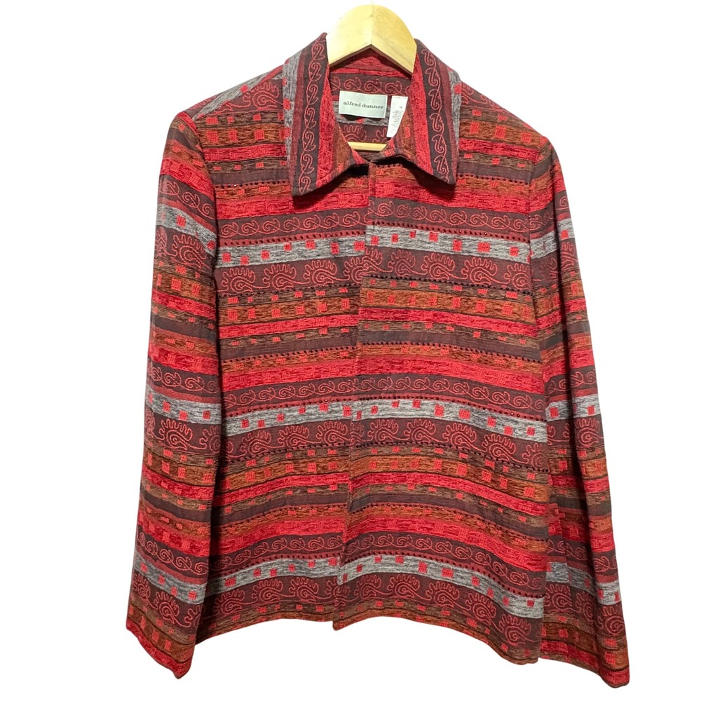 Alfred Dunner Womens Jacket 16 Red Multicolor Tapestry Woven Artsy Boho Western